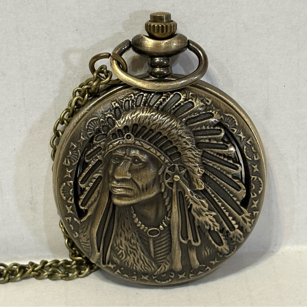Native American Quartz Men’s Pocket Watch with Chain Bronze Pendant